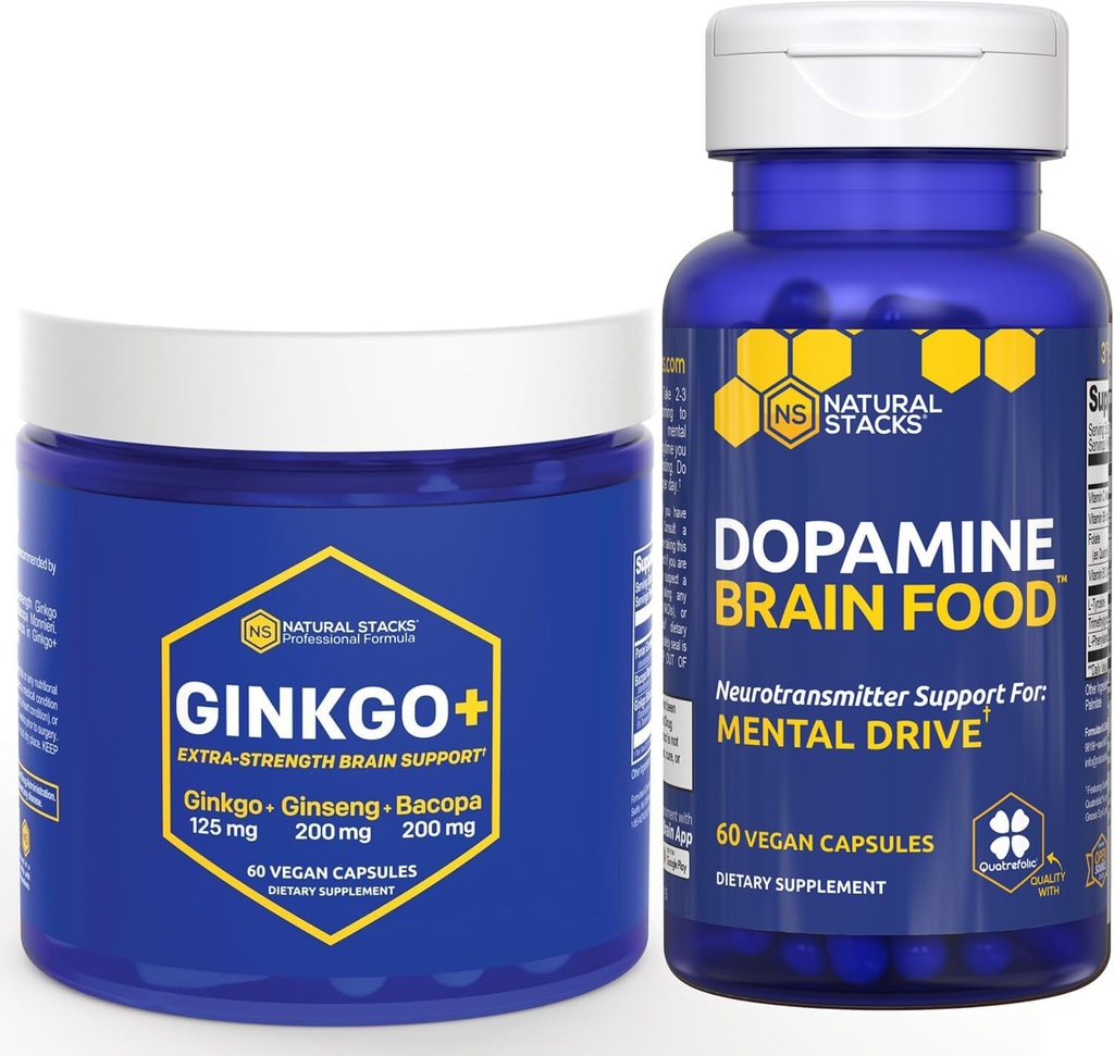 NATURAL STACKS Ginkgo Biloba + Dopamine Brain Food Bundle - unterstützt Fokus & Mental Drive* - 120 Gesamtkapseln