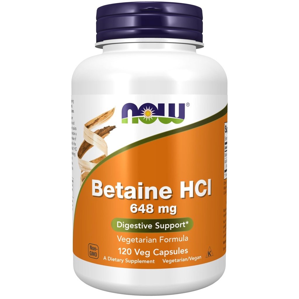 MAINTENANT compléments alimentaires, bêtaine HCl 648 mg, formule végétarienne, soutien digestif*, 120 gélules