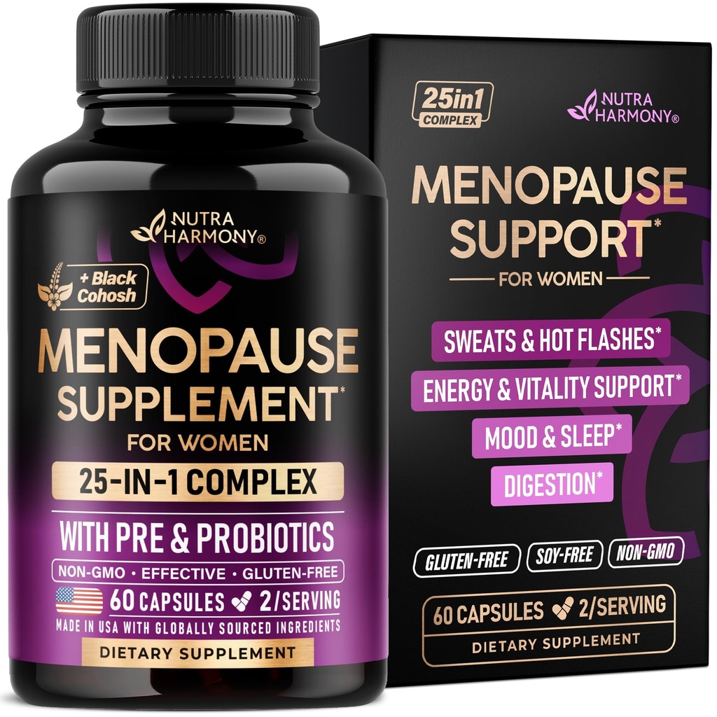 Suppléments de ménopause pour les femmes - Dong Quai, Black Cohosh, Pre & Probiotics - Sweats & Hot Flashes Relief - Soutien de la digestion, du sommeil et de l'humeur - Complexe périménopause 25-en-1 - Fabriqué aux États-Unis - 60 capsules