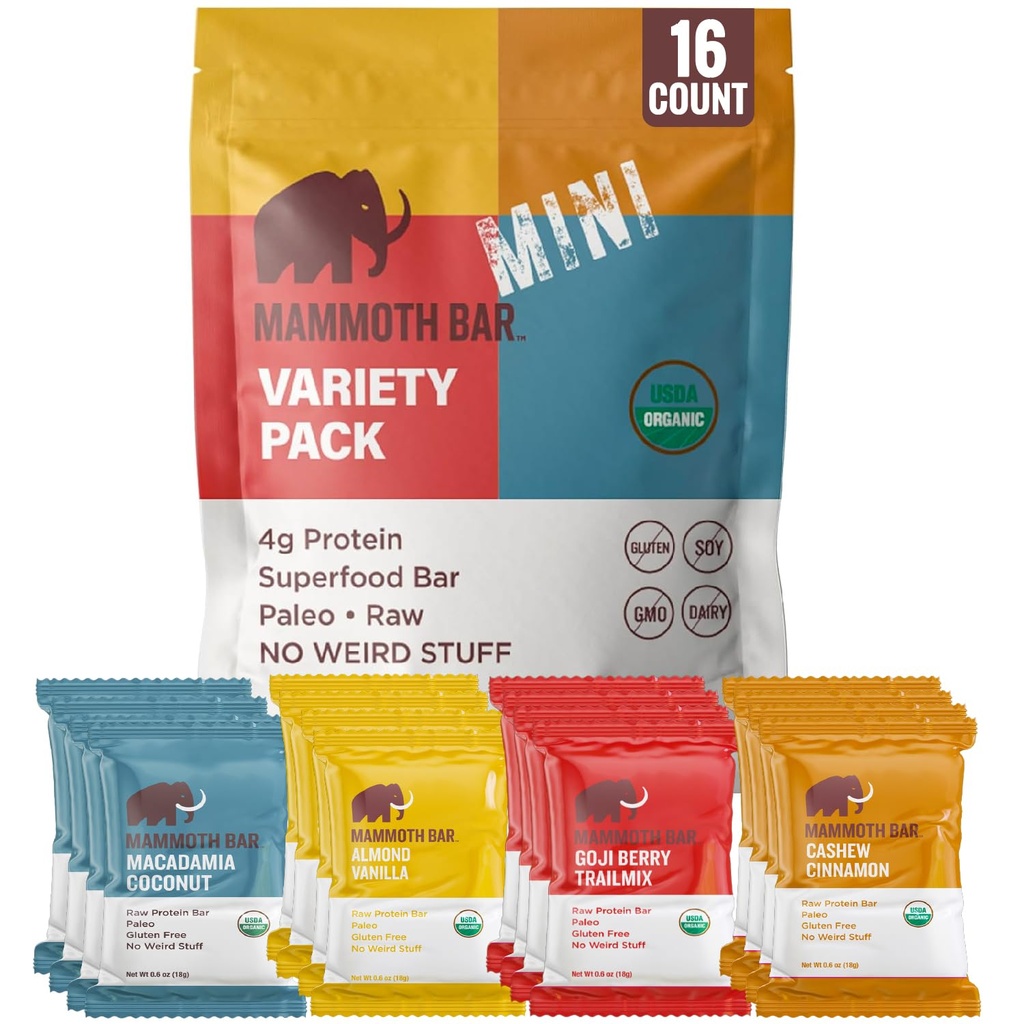 Mammoth Bar Mini - Variety Pack unserer Mini Organic Protein Bars – Hergestellt mit Premium Nuts & Egg White Protein • Organic • Paleo • Glutenfrei • GMO frei • Rohe - 16 Mini Bars