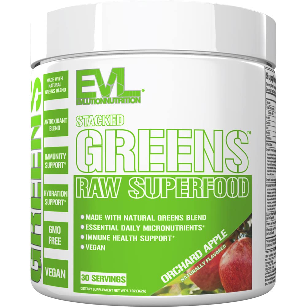 Evlution Nutrition Stacked Greens - Raw Superfood - Made with Natural Greens Blend + Essential Daily Micronutrients - Immunität + Hydration Support - Vegan & GMO-Free - 30 Servierungen - Orchard Apple
