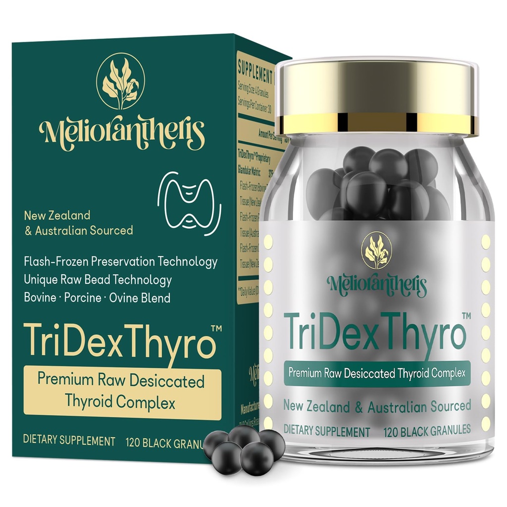 Supplément thyroïdien – TriDexThyroTM Complexe thyroïdien déshydraté brut 375 mg avec Bovine, Porcine et Ovine –120 Capsules pour femmes et hommes(1 Pack)