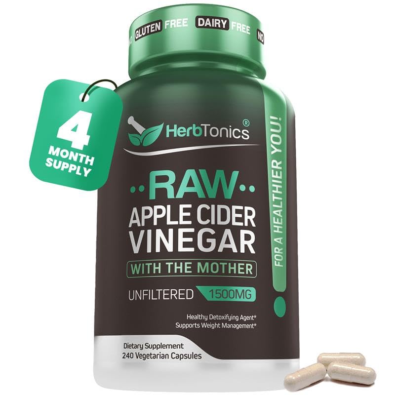 Herbtonics Raw Apple Cider Essig Kapseln 1500mg mit Mutter | Weight Management, Detox & Digestion Formel mit GLP-1 Unterstützung | Unfiltrierte ACV für Metabolic Support | 240 Vegan Kapseln