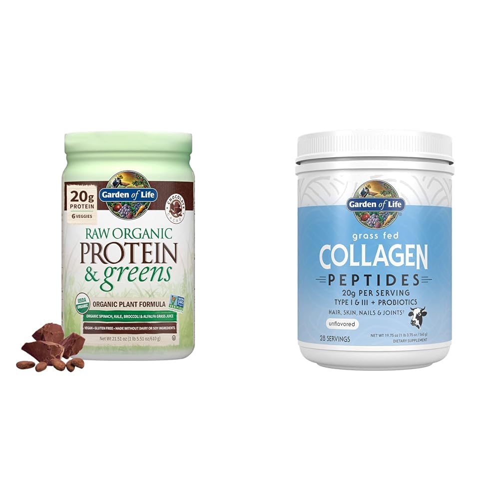 Garten des Lebens, Pulverprotein Greens Chocolate Organic, 22 Unze & Grass Fed Collagen Peptides Powder – Unflavored Collagen Powder