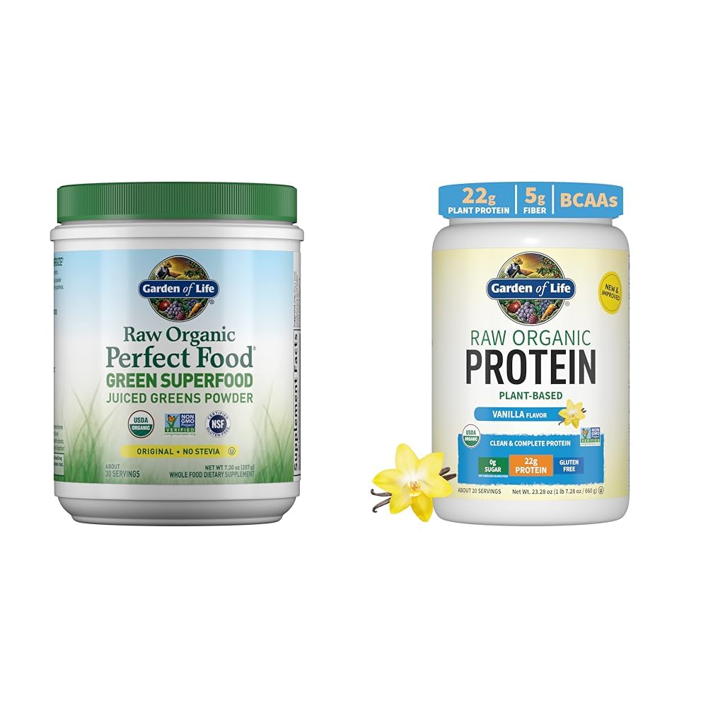 Garden of Life Raw Organic Perfect Food Green Superfood Juiced Greens Poudre - Poudre de protéines de vanille végétalienne originale sans Stevia 22g
