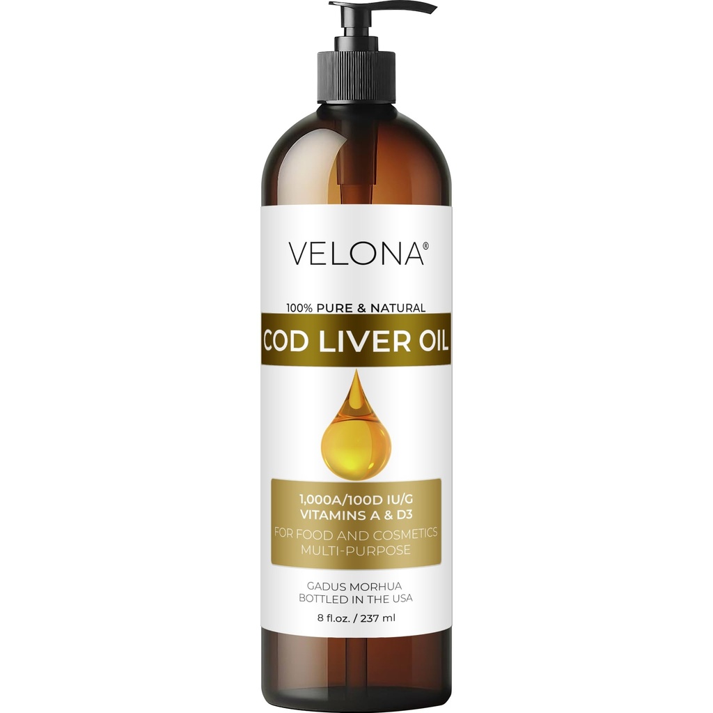 velona Cod Liver Oil - 8 Fl Oz | 1.000A/100D IU/g Omega 3 Vitamine A & D3 | Norwegian Arctic Sustainable Sourced Nordic Oil | Hair, Body and Skin Care | Use Today - Genießen Sie Ergebnisse