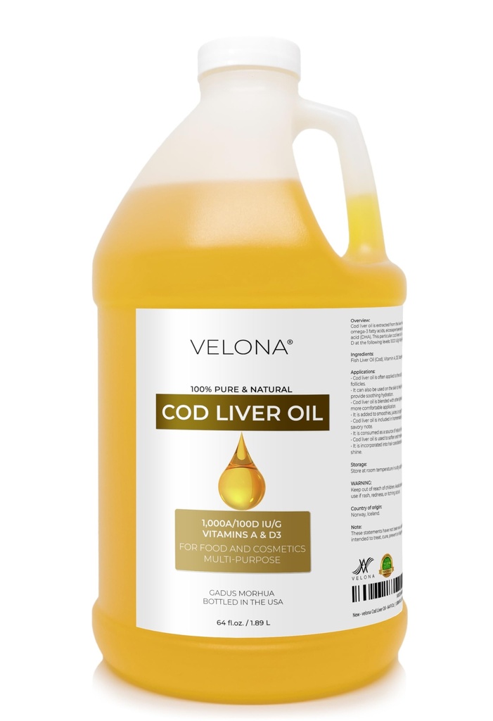 velona Cod Huile de foie - 64 Fl Oz , 1000A/100D UI/g Omega 3 Vitamines A & D3 , Arctique norvégien Source durable Huile nordique , soin des cheveux, du corps et de la peau , Utilisation aujourd'hui - Profitez des résultats
