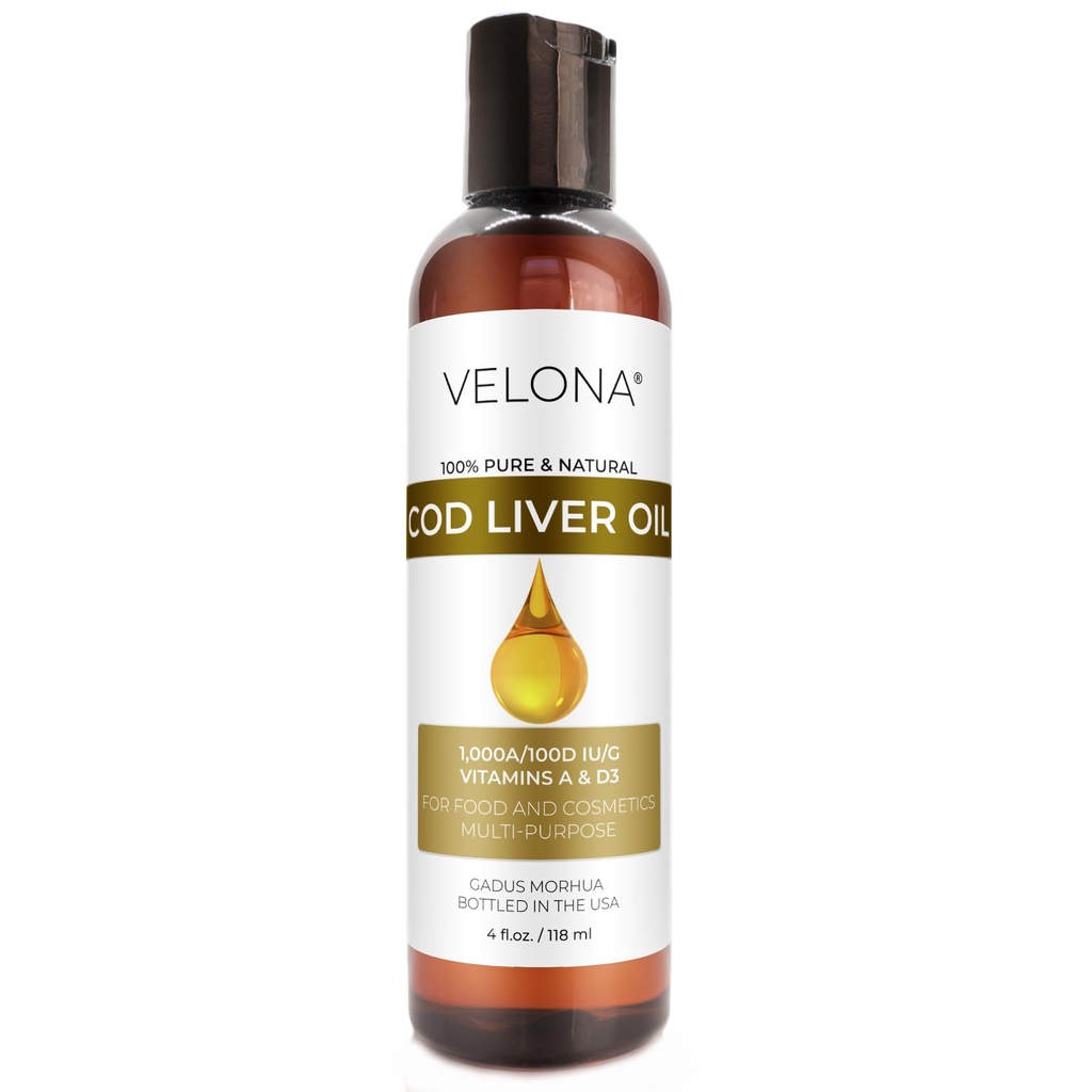 velona Cod Liver Oil - 4 Fl Oz | 1.000A/100D IU/g Omega 3 Vitamine A & D3 | Norwegian Arctic Sustainable Sourced Nordic Oil | Hair, Body and Skin Care | Use Today - Genießen Sie Ergebnisse