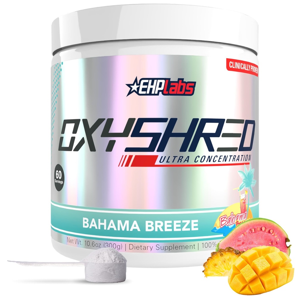 EHP Labs OxyShred Pre Workout Powder - Preworkout Powder mit L Glutamin & Acetyl L Carnitin, Energy Boost Drink - Bahama Breeze/Beach, 60 Portionen