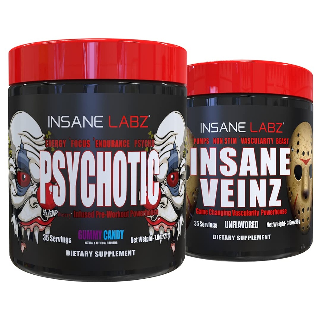 Psychotique, et Insane Veinz, pré-entraînement Stack (Gummy Candy et Unflavored)