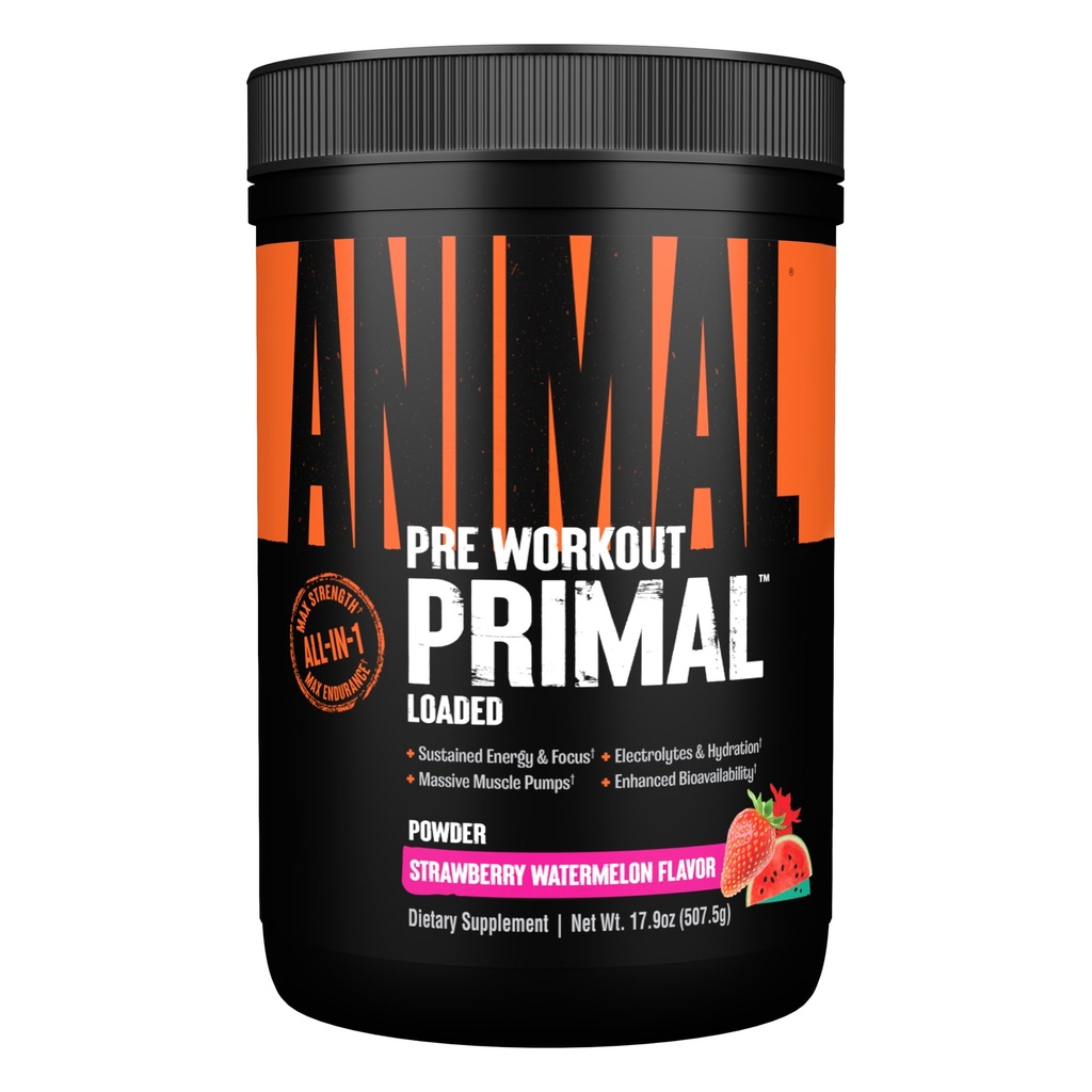 Hydratation des muscles primaires des animaux + Poudre de pré-entraînement – Contient Beta Alanine, 3DPump, Caféine & Electrolytes – Améliore l'énergie, le focus, l'endurance et l'absorption – Flaveur de pastèque fraise, 17,9 oz