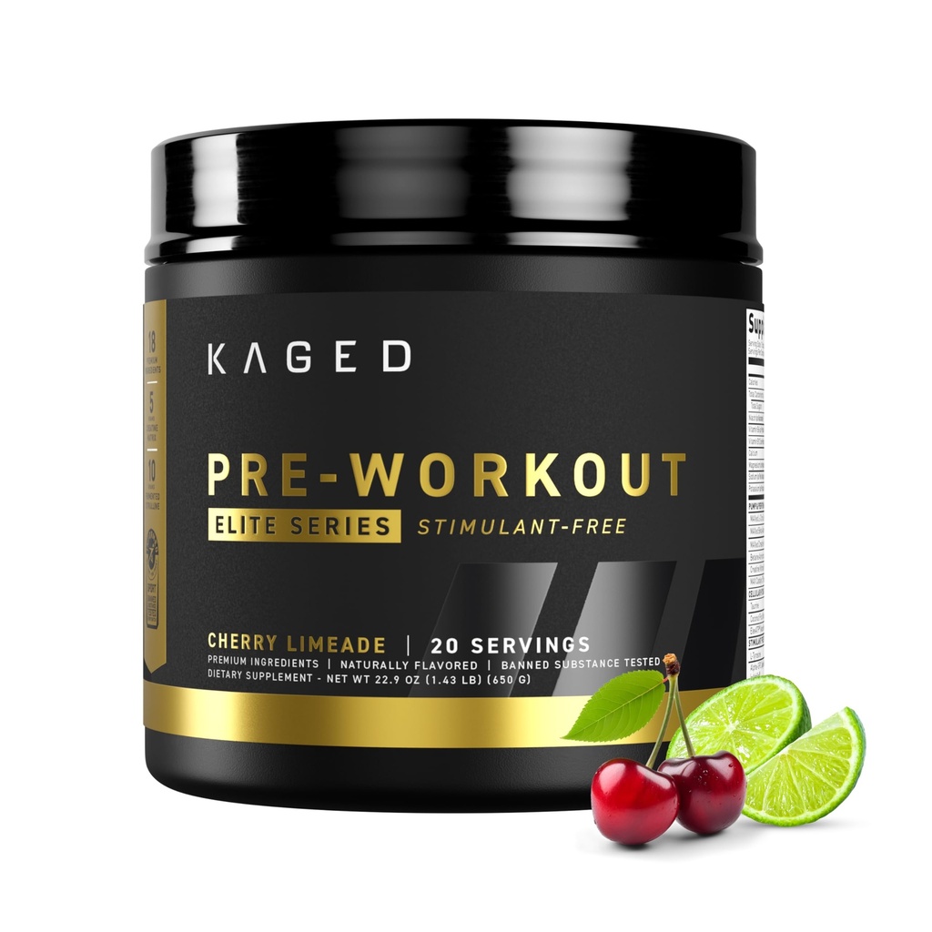 Kaged Pre Workout Elite Stim Free Powder | Cherry Limeade | Kreatin, Beta Alanine, L-Citrulline | Kein Koffein | 20 Servierungen
