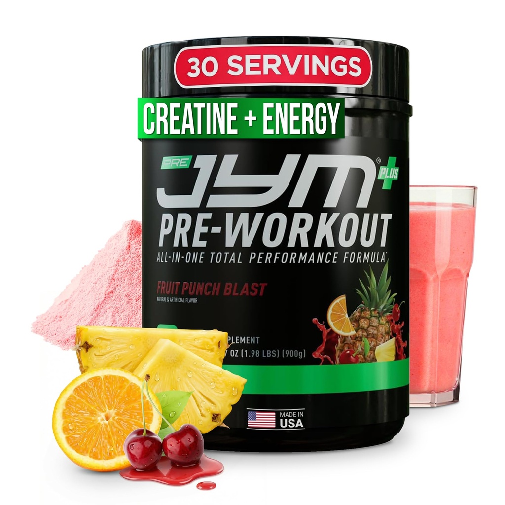 JYM Supplement Science Pre JYM Plus Fruit Punch Pre-Workout Powder, Amino Nitrate, Kreatin, Betaine, Nootropics, BCAA’s, für Männer & Frauen, 30 Portionen