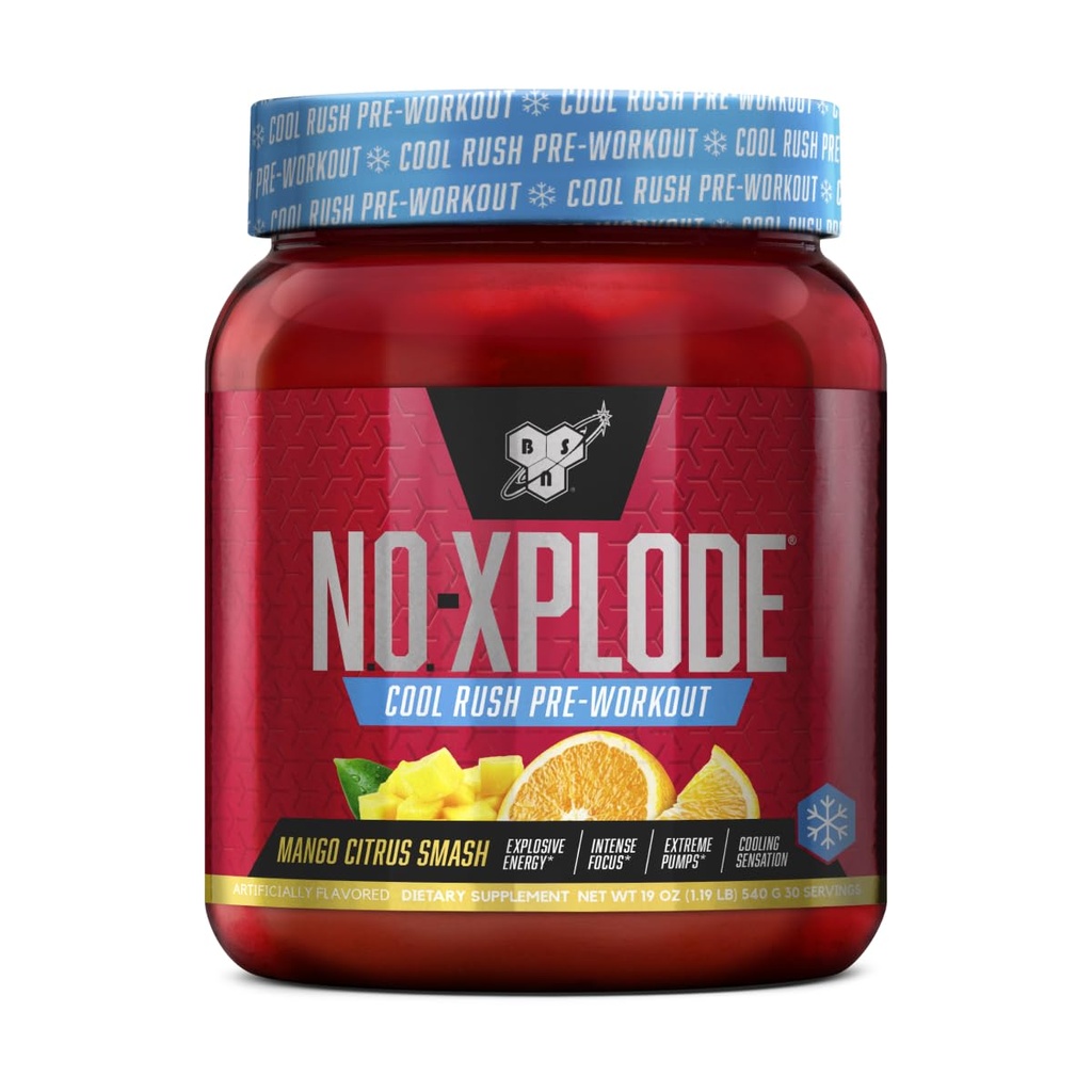 BSN N.O.-XPLODE Cool Rush Pre Workout Powder, Supplément énergétique pour hommes et femmes avec créatine et bêta-alanine, Mango Citrus Smash, 30 portions, 1,2 livre (paquetage mai vary)
