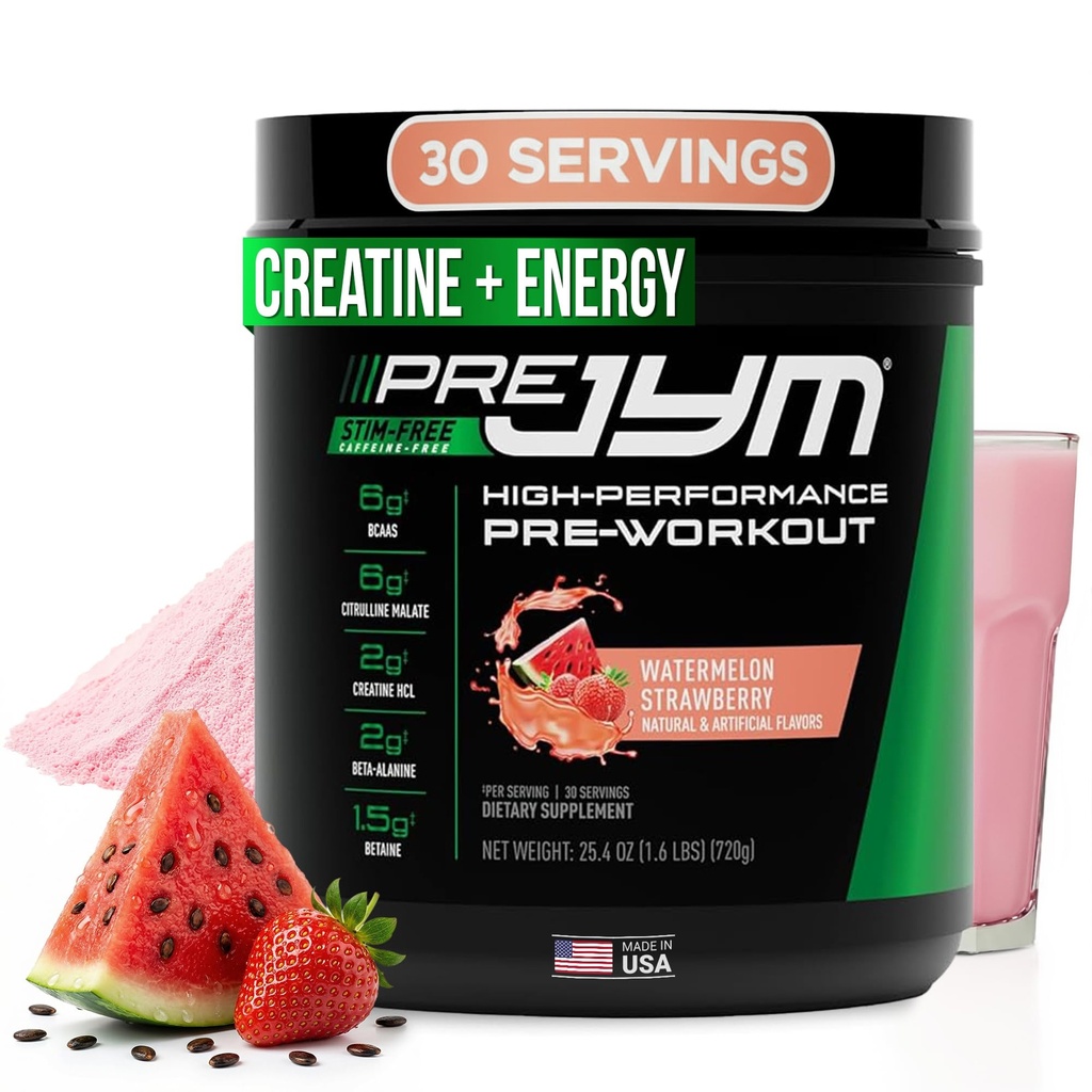 Pre JYM Stim Pastèque sans fraise Poudre de pré-travail, créatine, sans caféine, Citrulline, Betaine, BCAA, Taurine, Alpha-GPC, Huperzine, 30 portions