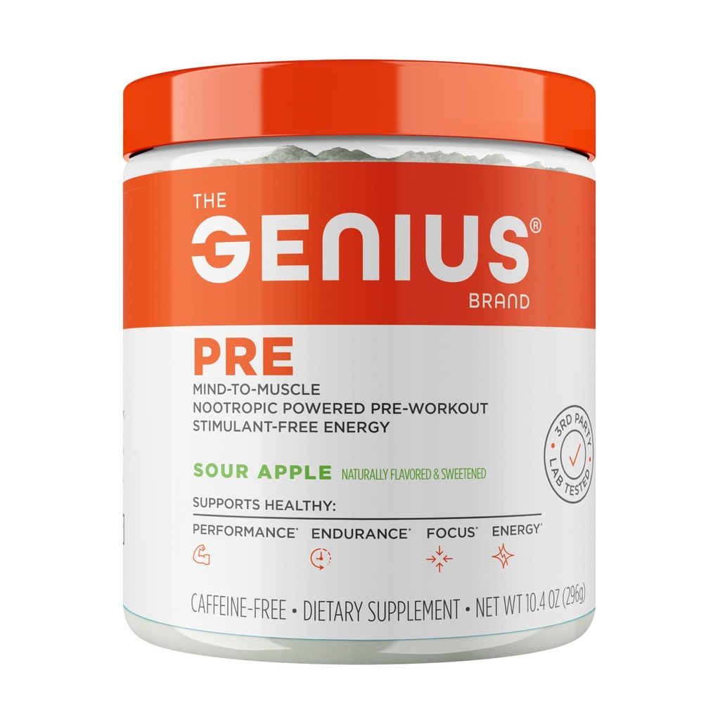 Genius Pre Workout Powder, Sour Apple - All-Natural Nootropic Pre-Workout & Caffeine-Free Nitric Oxide Booster Supplement mit Alanine & Alpha GPC - Keine künstlichen Aromen, Süßungsmittel oder Farbstoffe