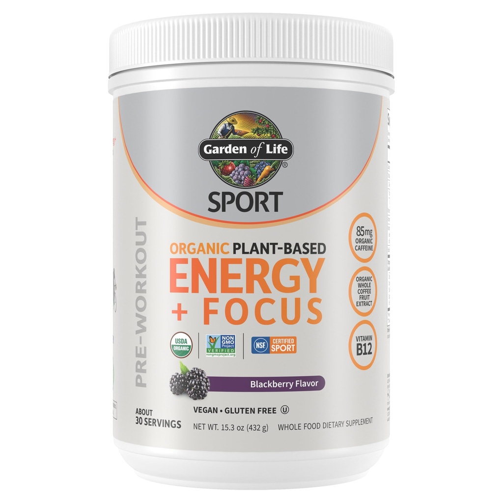 Garten des Lebens Sport Organic Plant Based Energy + Fokus Clean Pre Workout Powder, mit 85mg Koffein, Natural No Booster, B12, Vegan, Glutenfrei, Non-GMO, BlackBerry, 15.3 Oz