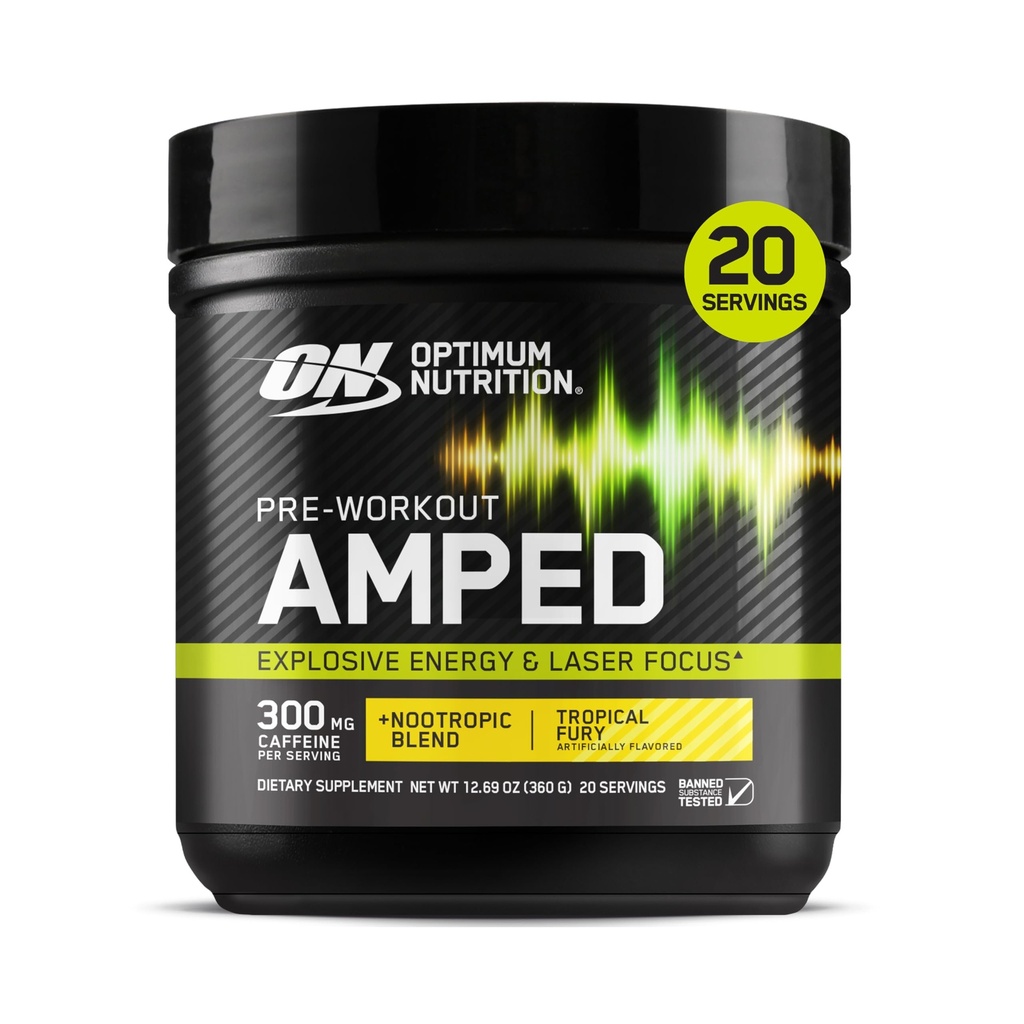 Alimentation optimisée Optimum Pré-entraînement, avec Citrulline, Beta-Alanine, Nootropics et 300 mg de caféine pour l'énergie, la fourrure tropicale, 20 portions (paquetage mai Vary)