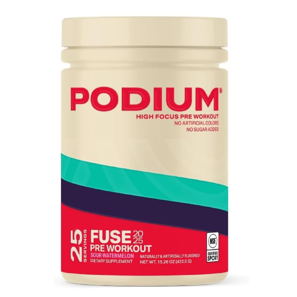 Podium Nutrition, Fuse 2025 Pre Workout Powder, saure Wassermelone, 25 Servierungen, Beta Alanine und Koffein für Energie, Glutenfrei, Sojafrei, Dairy Free