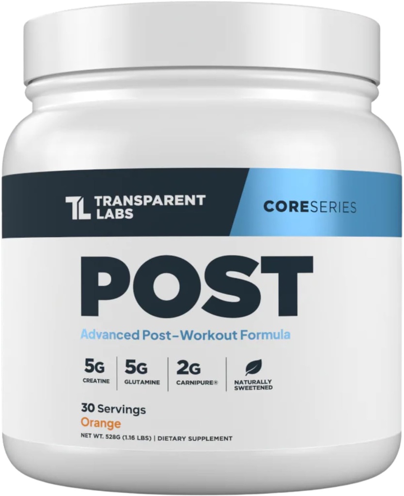 Transparent Labs Post - Post-Workout Recovery Muscle Builder w/L-Glutamine, Creatine Monohydrate, & Carnipure L-Carnitine L-Tartrate pour la récupération des muscles et la construction - 30 Servings, Orange