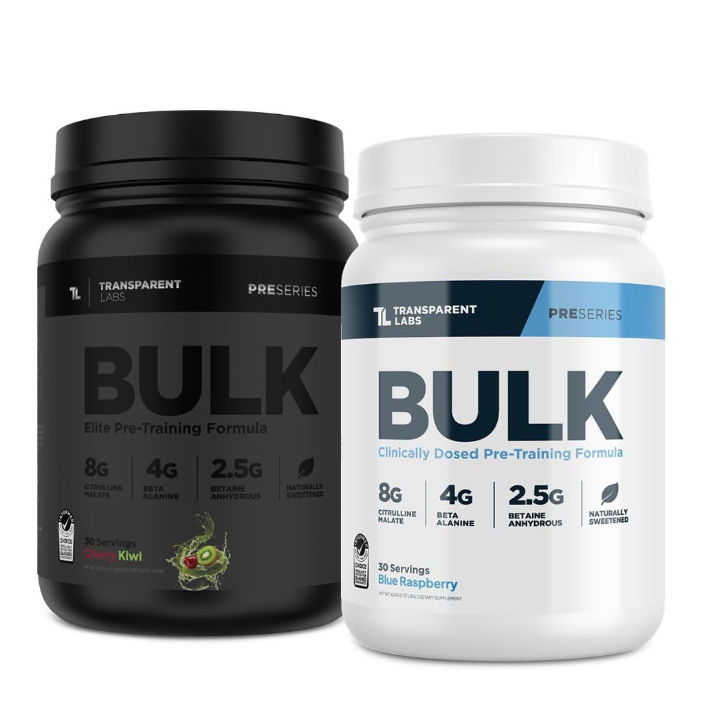 Laboratoires transparents Poudre de pré-entraînement en vrac pour la musculation et la force - 30 portions, Blue Raspberry & Bulk Black pré-entraînement avec Beta Alanine - 30 portions, Cherry Kiwi