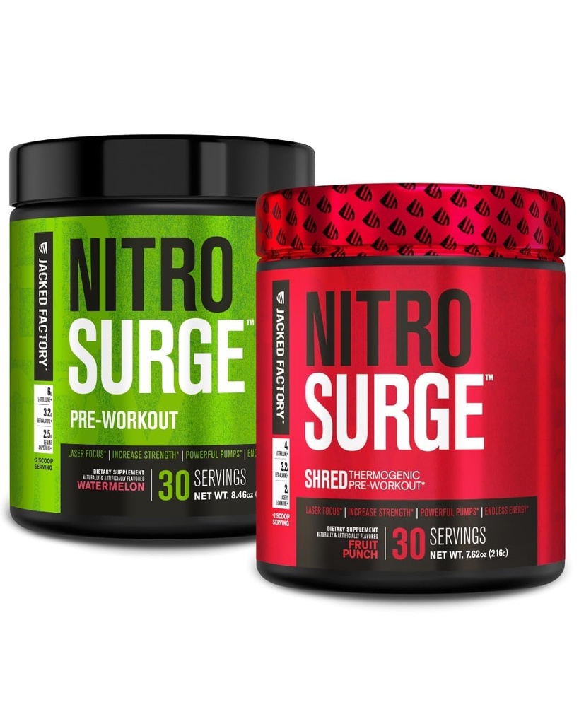 Jacked Factory Nitrosurge PreWorkout in Watermelon & Fruit Punch Nitrosurge Shred Thermogenic PreWorkout für Männer & Frauen