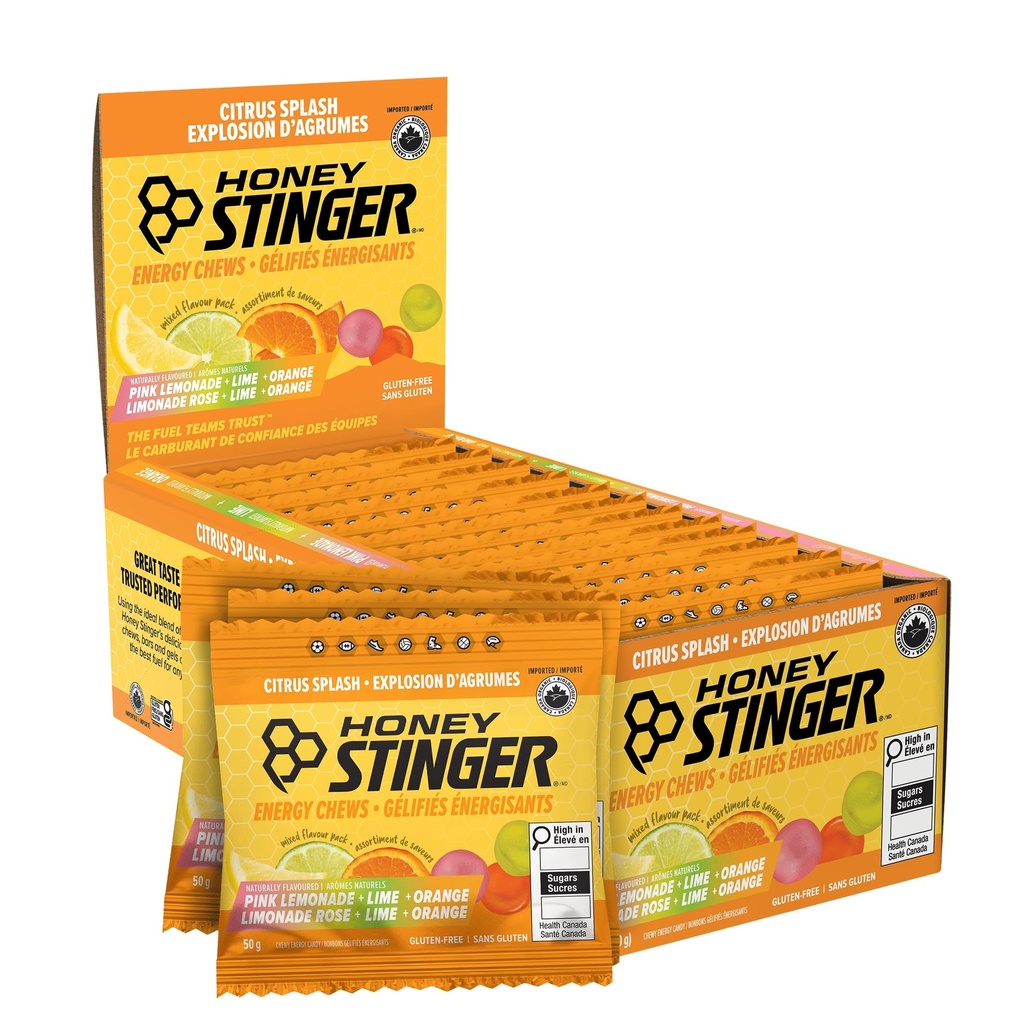 Honey Stinger Organic Citrus Splash Energy Chews, sans gluten et sans caféine, pour l'exercice, la course et la performance, la nutrition sportive pour la maison et le gym, avant et mi-entraînement, 21.6 Ounces (paquet de 12)