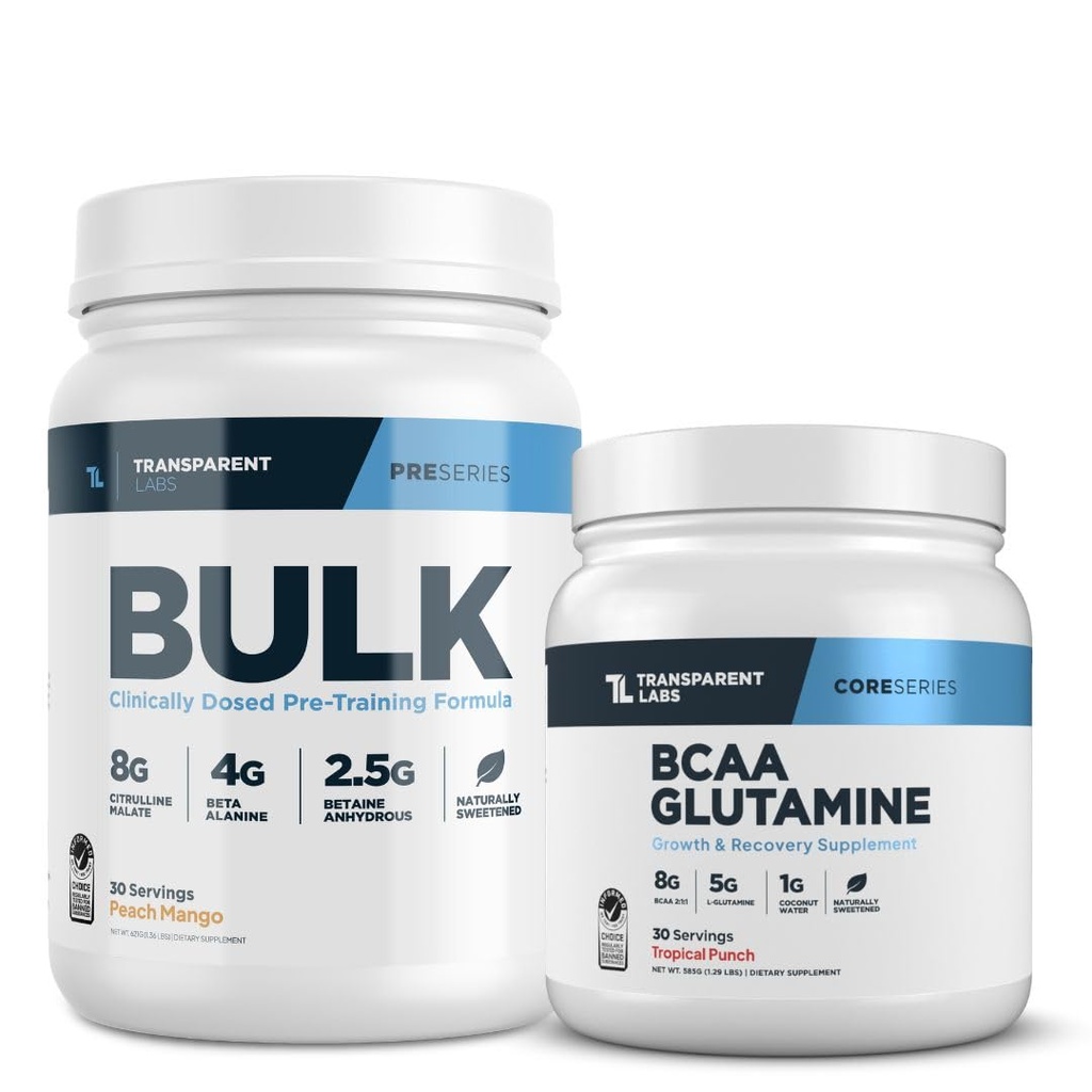 Laboratoires transparents Pré-entraînement en vrac (30 portions, pêche Mango) et BCAA Glutamine (30 portions, punch tropical)