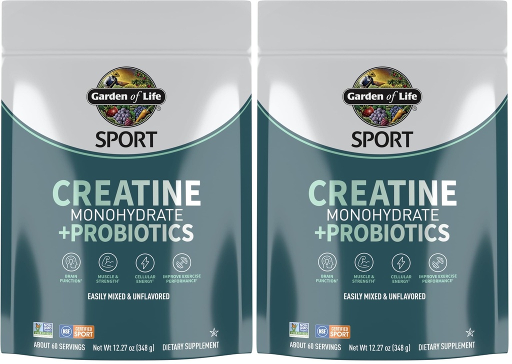 Jardin de la vie Poudre monohydratée de créatine pour les femmes et les hommes, Pré-entraînement micronisé avec probiotiques pour les muscles, la force, le sport Amino énergie, environ 60 portions faciles à mélanger sans saveur, (paquet de 2)