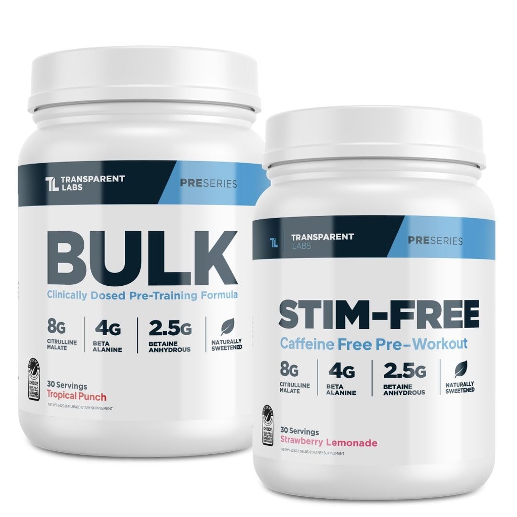 Transparente Labs Bulk Pre-Workout Pulver (30 Servierungen, Tropical Punch) & Stim-Free Pre-Workout Pulver (30 Servierungen, Erdbeer-Lemonade)