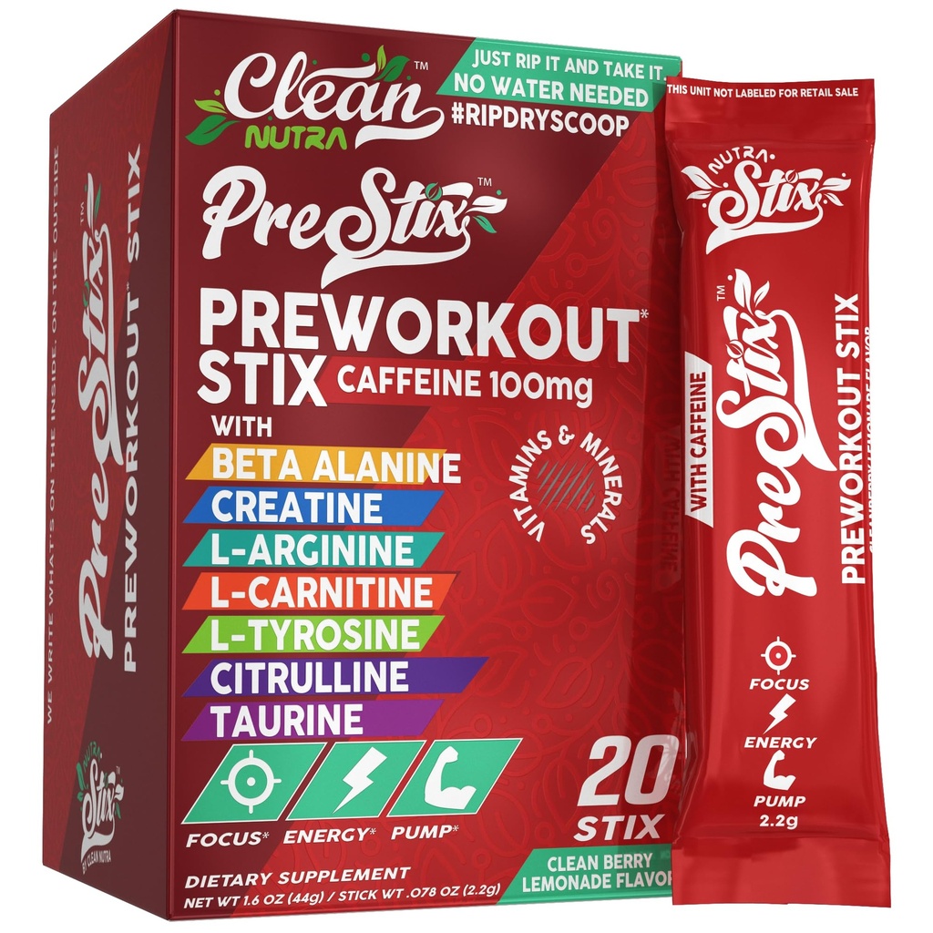 Nettoyez les nutraceutiques avant l'entraînement Poudre Énergie Sticks - caféine 100mg, mélange de boisson énergétique, créatine monohydratée, bêta alanine, L-citrulline, L-Tyrosine, L-Carnitine, packs d'hydratation électrolyte 20 Ct