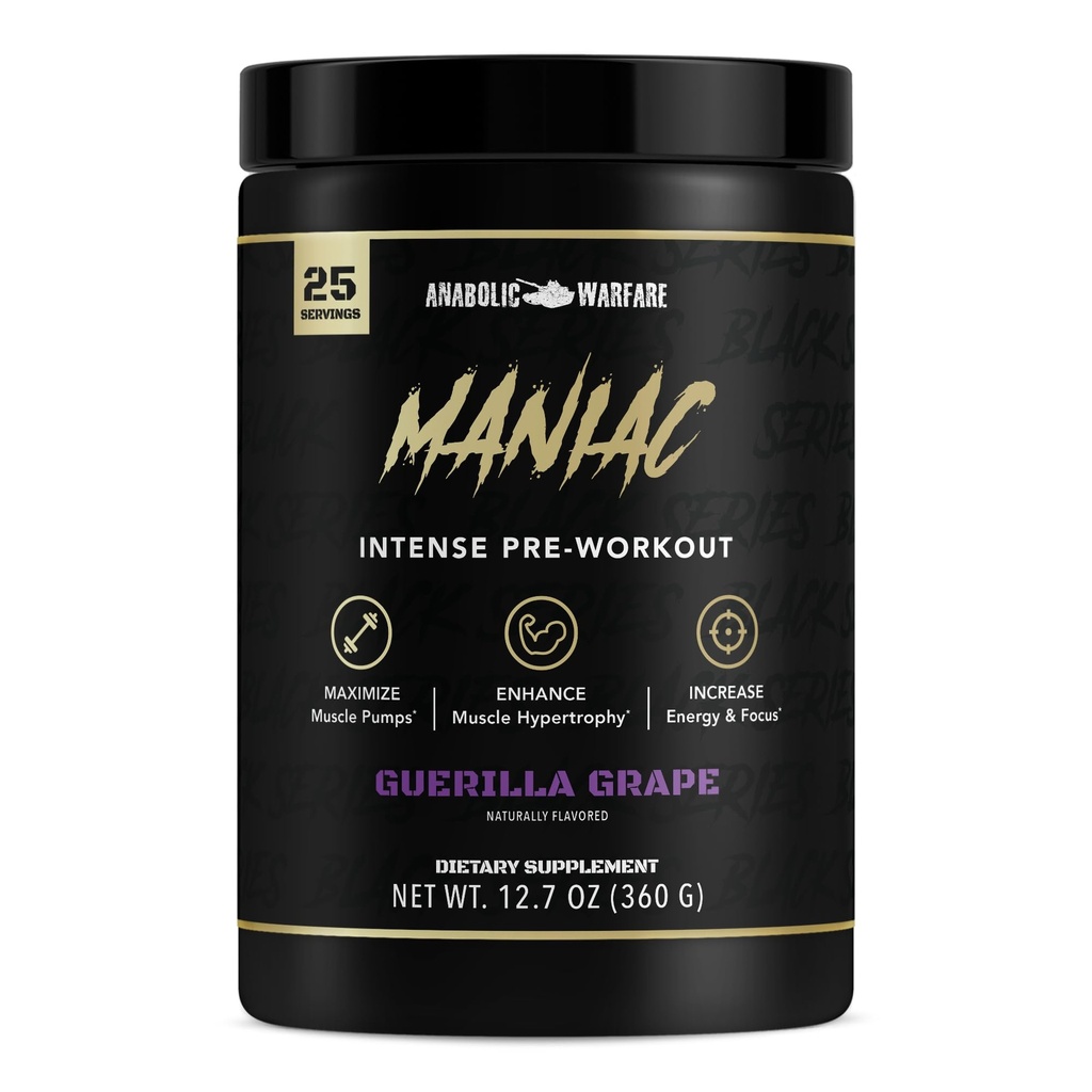 Anabolic Warfare Black Series Maniac, Pre-Workout Pulver, unterstützt Nitric Oxide, Muskelpumpen und Proteinsynthese* Guerilla Grape