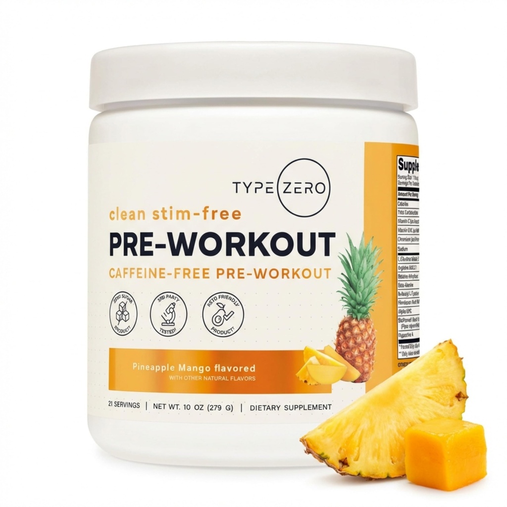 Type Zero Clean Stim Sans poudre de pré-entraînement + Booster à oxyde nitrique avec L-Citrulline Malate, Arginine AKG, Beta Alanine - Caféine et Stimulant Sans - Ananas Mango Flavor, 21 portions