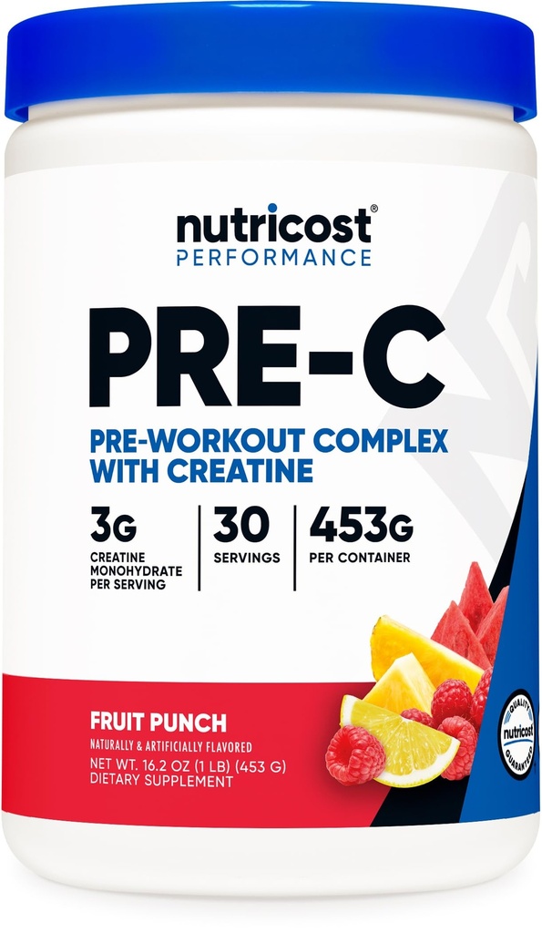 Nutricost Pré-C Complexe Pré-entraînement avec Creatine (Fruit Punch) 30 portions en poudre - Boost Fintess Routines, 453g