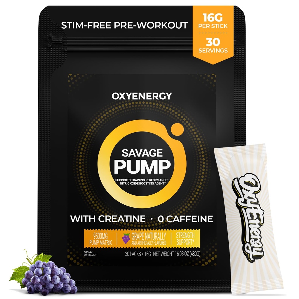 OxyEnergy Nitric Oxid Booster, Max Pump Non Stim Pre Workout Pulver für Männer, mit Beta Alanine, L Citrulline, Kreatin für Zirkulation, Muskelpumpen, Ausdauer, Trauben, On-The-Go Packet- 30 Servierungen