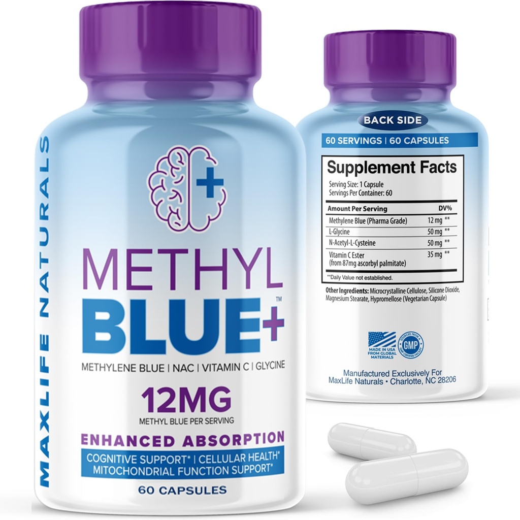 MAXLIFE NATURALS Pure Methylen Blue Capsules, Ultimate Methylen Blue Pharmaceutical Grade 12mg - 60 Kapseln mit Vitamin C Ester & NAC Glycin, unterstützt Cellular & Cognitive Funktion, Made in USA
