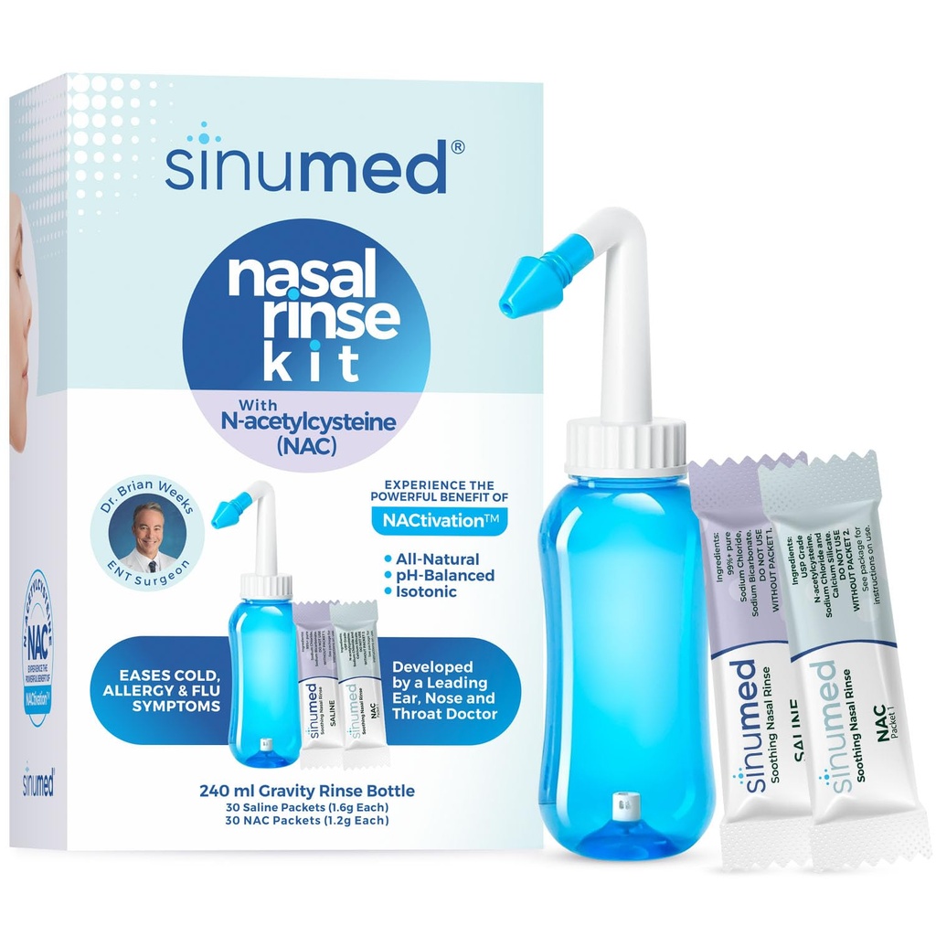 Sinus Rinse, 60PK Nasal Rinse Packets avec NAC et Saline, Gravity Rinse Bouteille, Alternative à Neti Pot, Aide à l'allergie, Congestion, Symptômes du froid (Bouteille Gravity avec NAC 60PK)