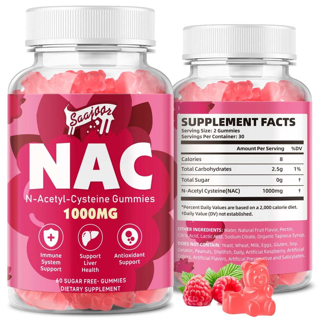 NAC Gummis Sugar-Free, N-Acetyl Cystein NAC Supplement 1000mg für Antioxidantien, Immununterstützung, Non-GMO, Gluten-Free, Vegan – Raspberry Flavor, 60 Gummis