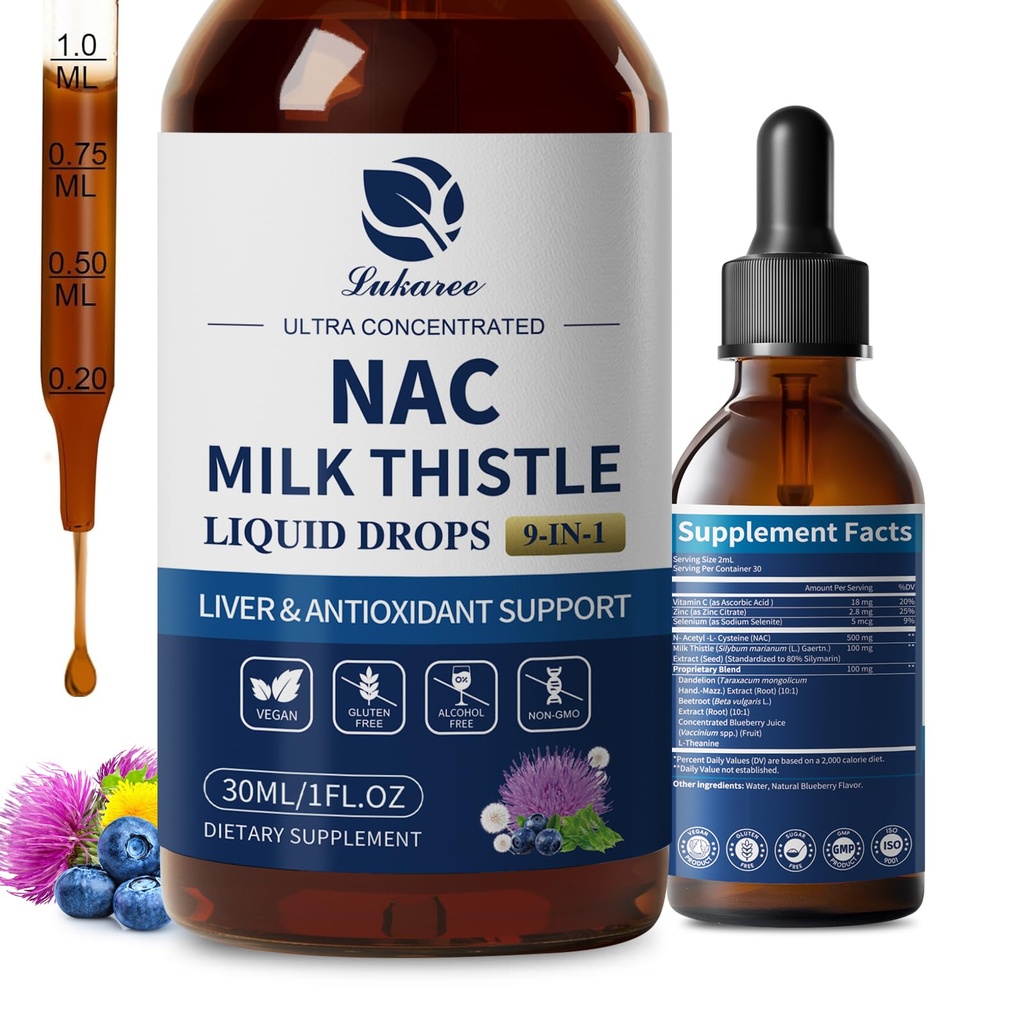 Lukaree Liposomal NAC Supplement N-Acetyl-L-Cystein 600mg mit Milchdistel - NAC Aminosäure Tropfen w/Selenium für Leber- und Nierenunterstützung*, Lung, Antioxidantien & Immununterstützung*- Vegan, Non-GMO- 2oz