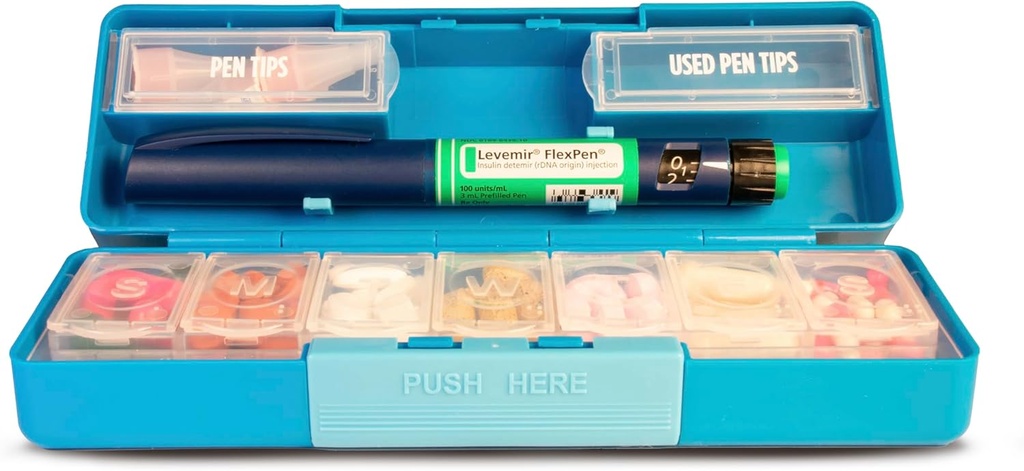 GMS Group Medical Supply, LLC Diabetic Pen Case & 7 Day Medicine Organizer - Kit de voyage pour les fournitures diabetiques - un aperçu de la médecine Rappel - tient les aiguilles nouvelles et usagées en toute sécurité - petit et discret