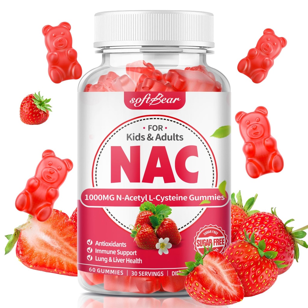 softbear NAC Gummi für Kinder & Erwachsene, NAC Supplement 1000mg N Acetyl Cystein unterstützt Lung & Liver Gesundheit, Antioxidantien & Immunsystem, Erdbeeren Flavor 60 Count