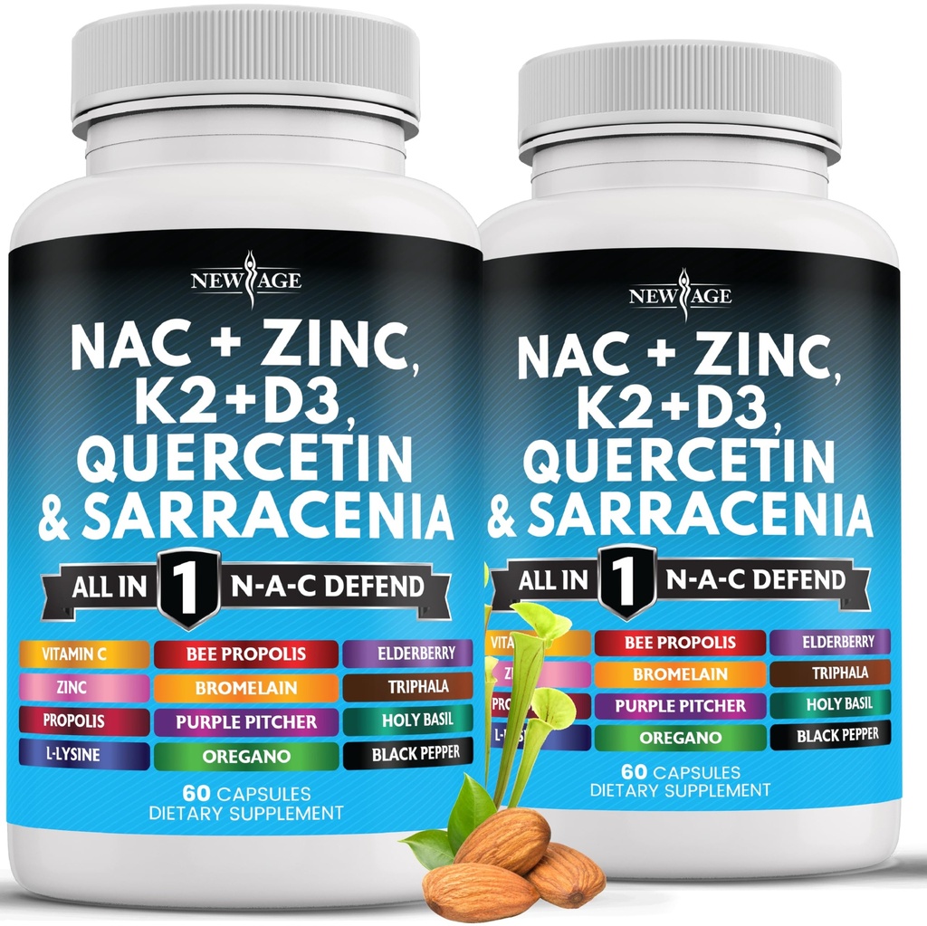 NEU AGE NAC Supplement N-Acetyl Cystein- mit Vitamin D3, K2, Zink, Quercetin, Triphala, Sarracenia Purpurea, Elderberry, Holy Basil, Bee Propolis, Bromelain, L-Lysine - 120 Count