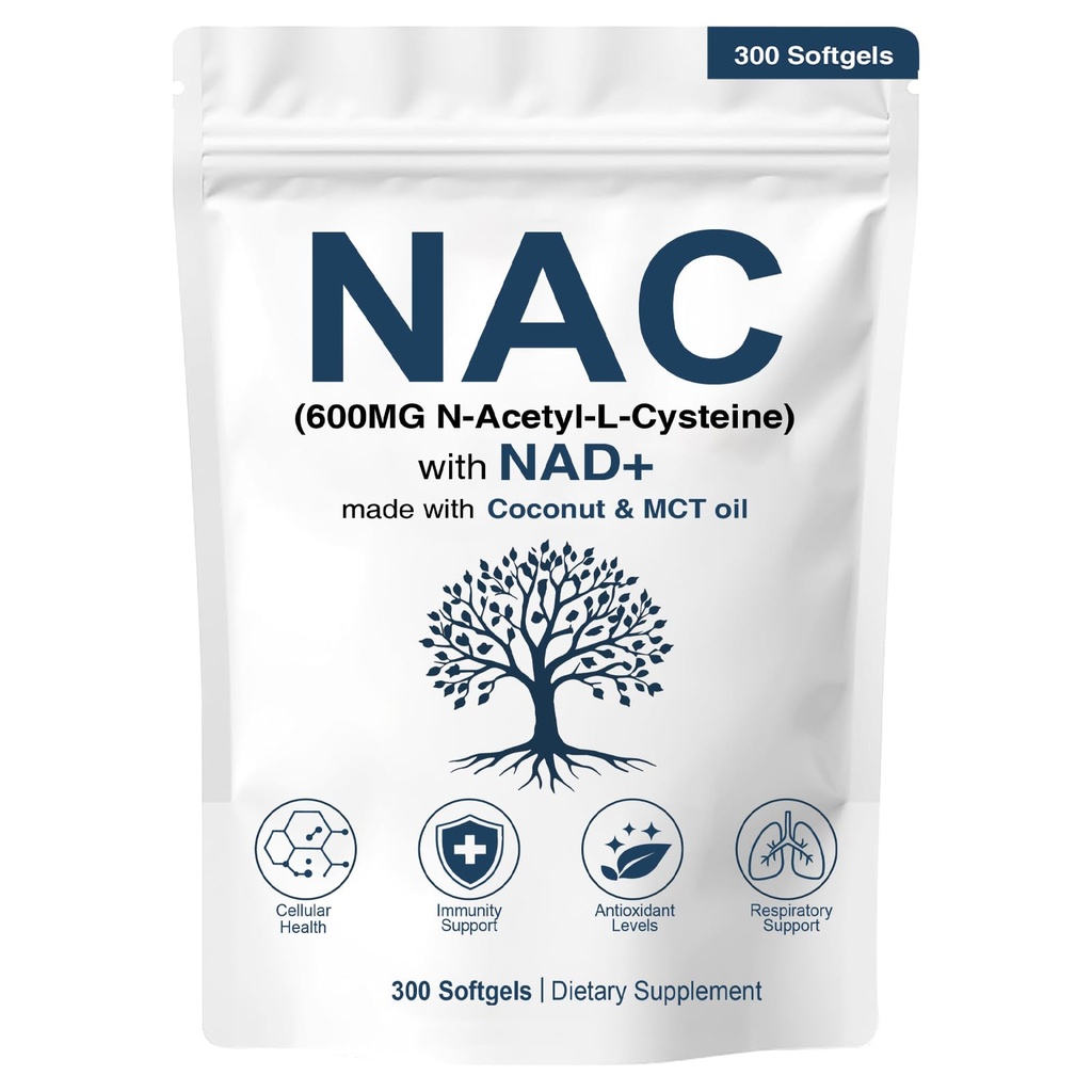 NAC 600mg Non-GMO, Glutenfrei,Organic NAC Supplement N-Acetyl Cystein Kapseln mit NAD+ für Cellular & Lung Health, 300 Softgels