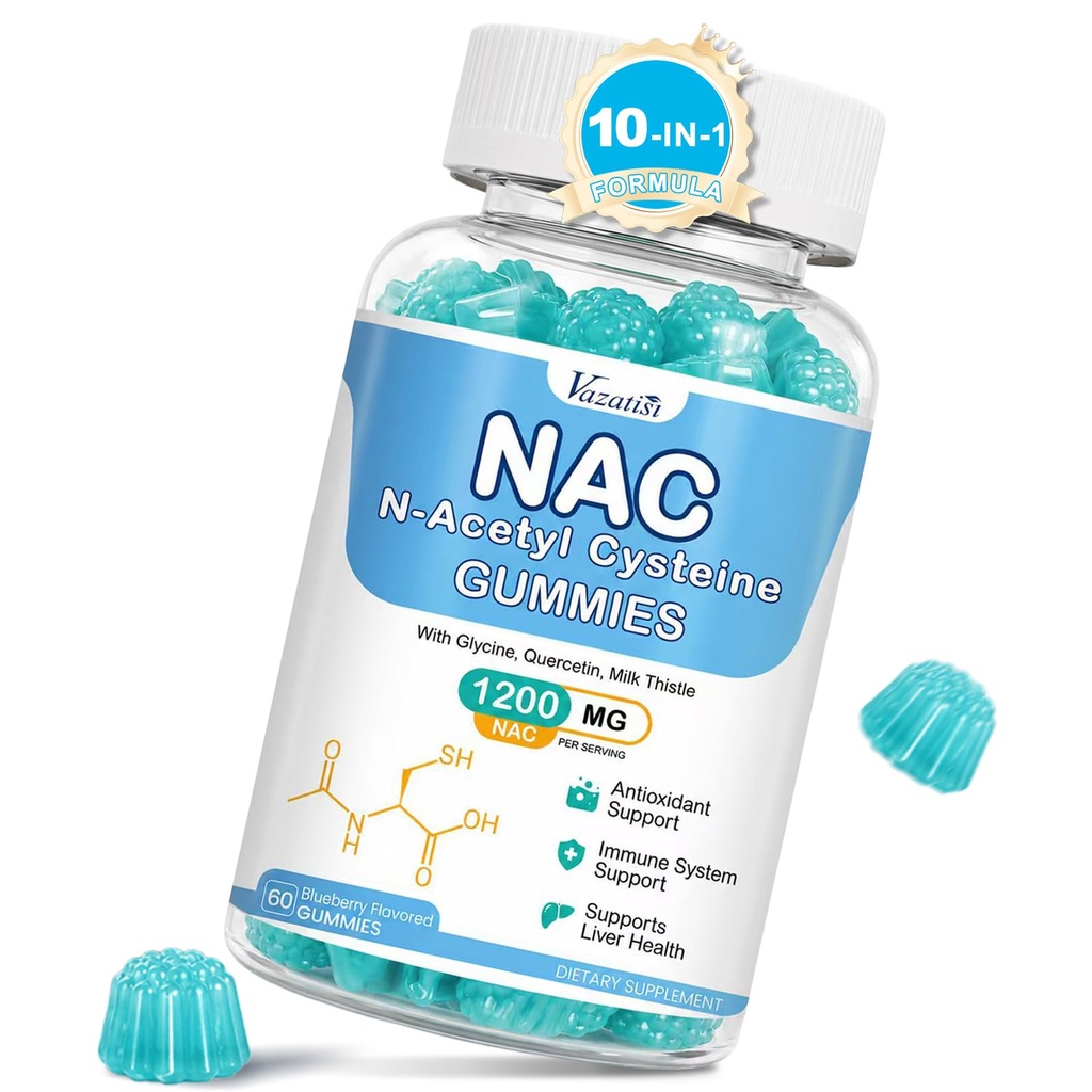 NAC Gummies, supplément NAC avec le chardon de lait, Sélénium, B6, B12 - Antioxydant, Immune support - N acétyl Cysteine 600 mg par Gummy - Blueberry Aromatisé, 60 Cts