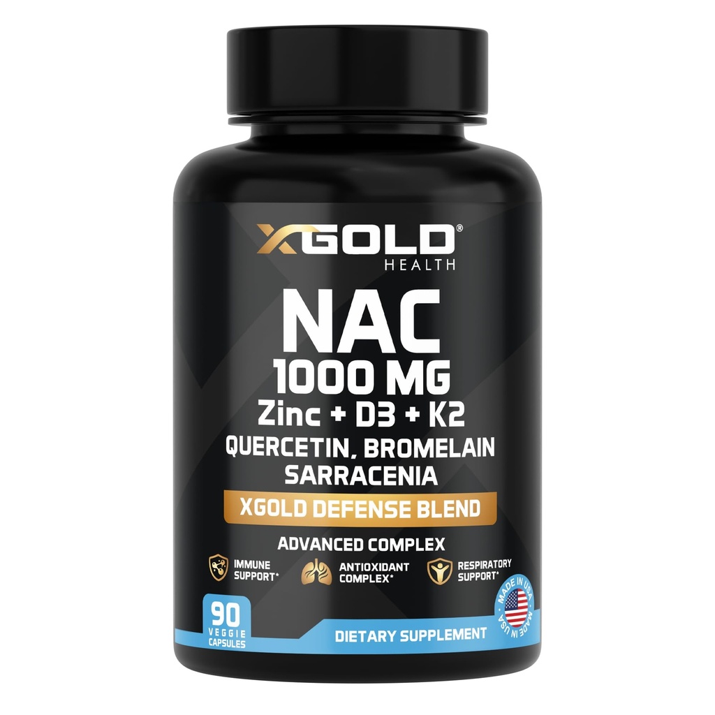 XGold Health NAC 1000 mg avec Quercetin 95%, Bromelain, Zinc, Vitamine C, D3 et K2 Immune Support et supplément antioxydant Mélange avancé de défense 90 Capsules de légumes