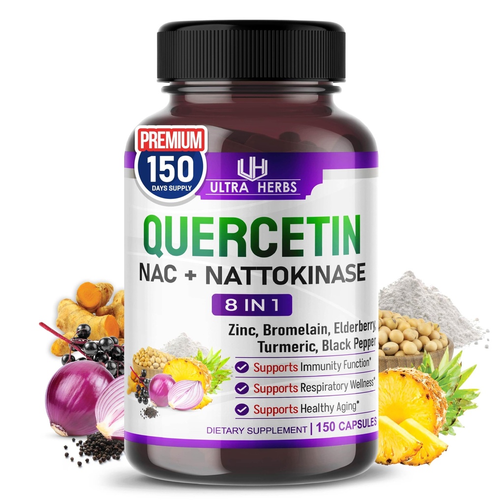 Supplément Quercetin avec Bromelain, Vitamine C et Zinc, Nattokinase, NAC, Elderberry, Elderberry.