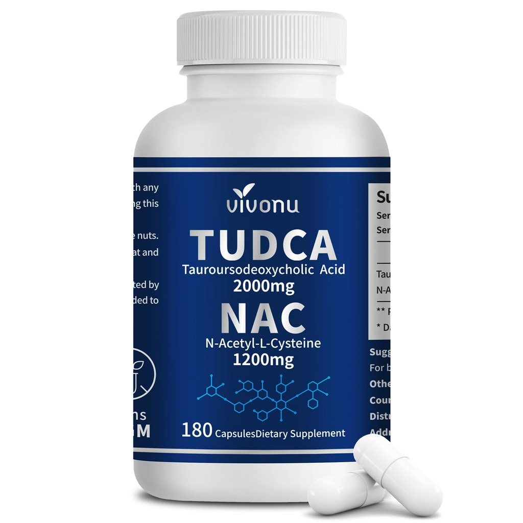 VivoNu TUDCA 2000mg + NAC 1200mg Gélules complexes de supplément, puissant sel de bile TUDCA + N acétyl Cystéine, suppléments antioxydants pour le foie et le poumon et la vésicule biliaire, digestion - 180 capsules