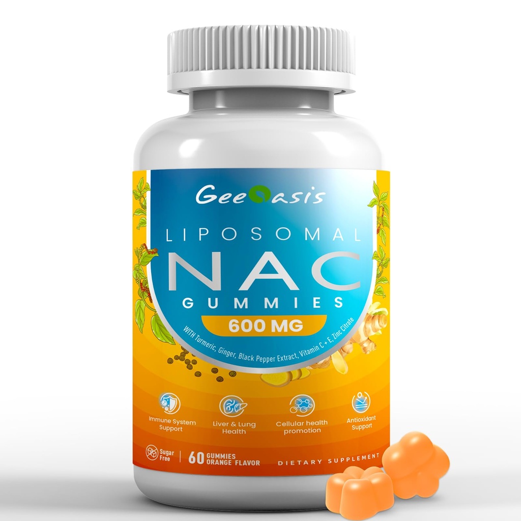 Liposomal NAC Gummi 600mg, N-Acetyl Cystein Ergänzung für Kinder & Erwachsene, mit Turmeric, Ginger, Black Pepper, Immune, Liver & Lung Unterstützung, Antioxidans, Sugar-Free Ananas Flavor, 60 Zähler