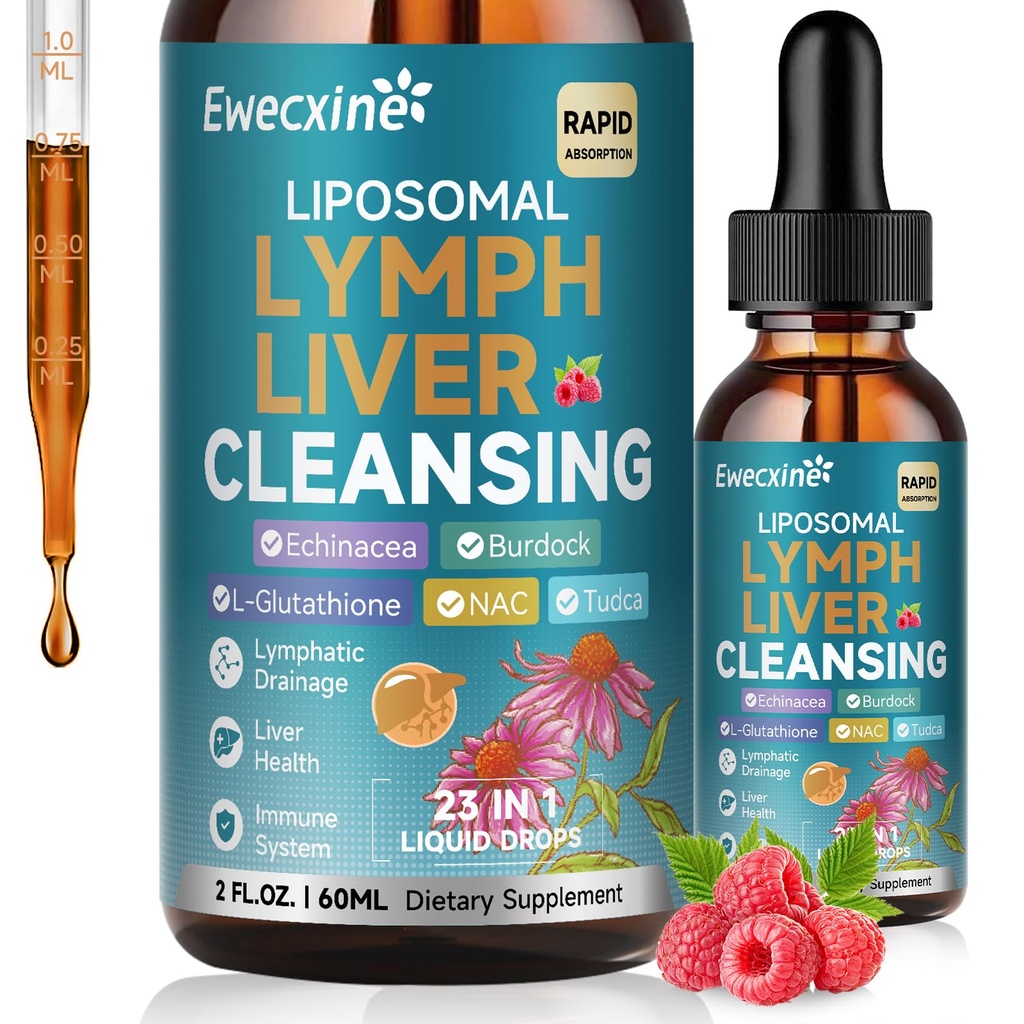 Liposomale Lymphdrainage & Leberreinigung Tropfen, 23-in-1 mit Echinacea, NAC, TUDCA, L-Glutathion, Klette für Lymphe, Leberentgiftung & Reparatur, Immununterstützung, Himbeergeschmack, 2 fl oz Supplement