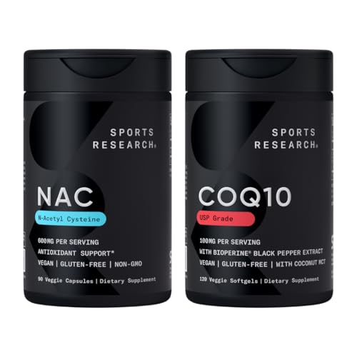 Sport Research® Antioxidant Support Pack - N-Acetyl L-Cystein (NAC) 600mg, CoQ10 100mg Enhanced w/Coconut Oil & Bioperine - Vegan · Non-GMO · Glutenfrei